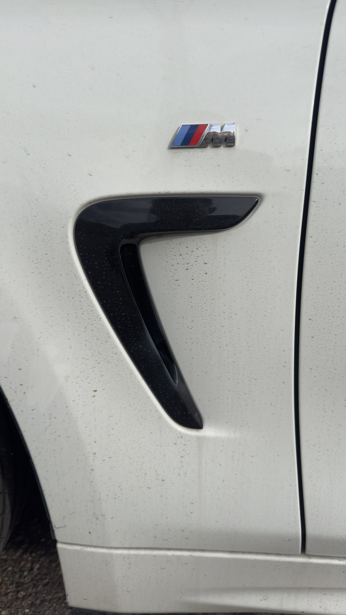 BMW 428i esitiiva õhuava ja M-embleem enne tööd, valgel pinnal mustusetäpid